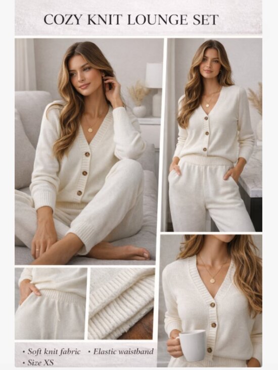 SHEIN Pants - Cozy White Knit Lounge Set XS Cardigan & Pants Soft Minimal Outfit